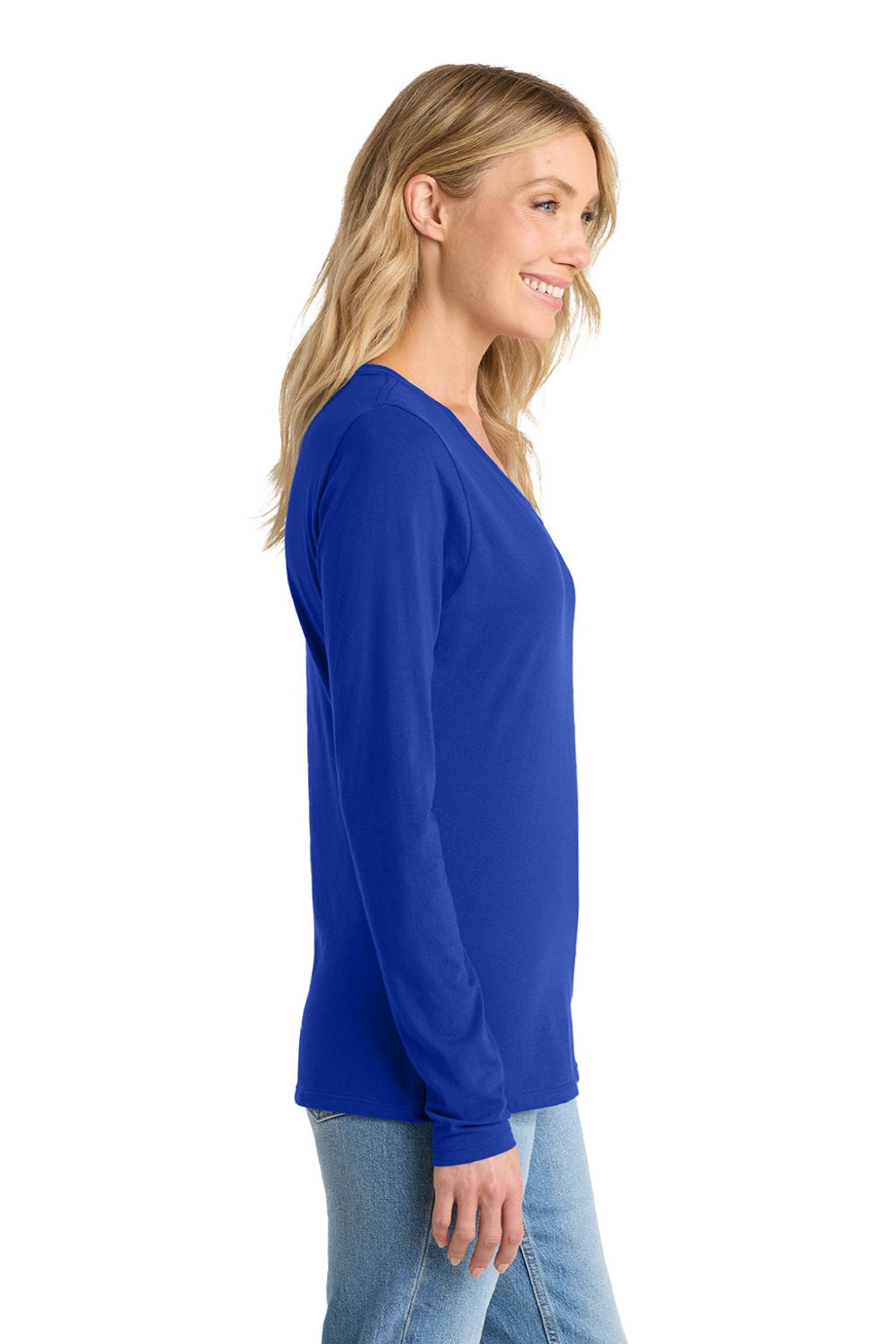 Port & Company LPC450VLS Womens Fan Favorite Long Sleeve V-Neck T-Shirt True Royal Blue Model Side