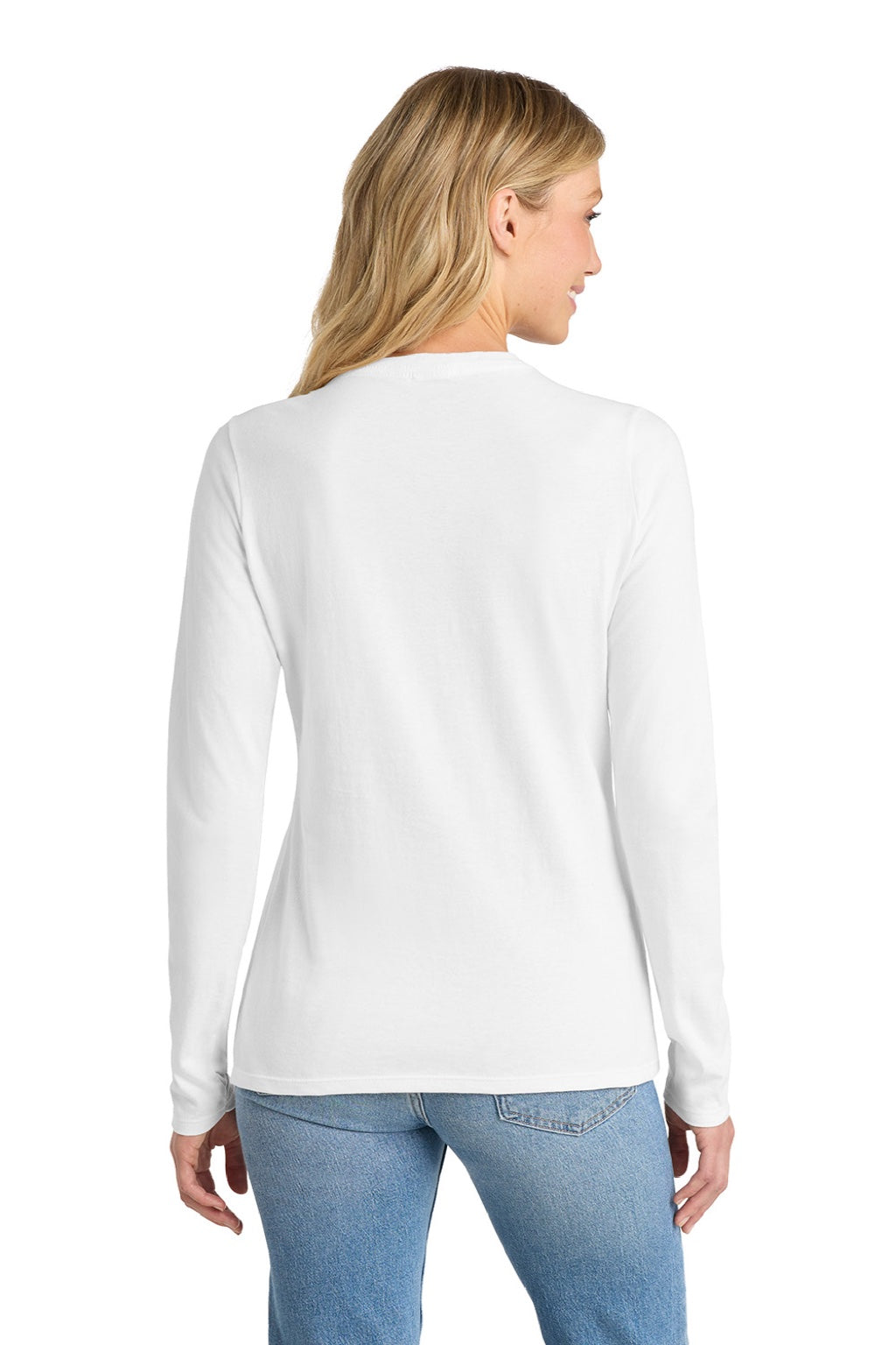Port & Company LPC450VLS Womens Fan Favorite Long Sleeve V-Neck T-Shirt White Model Back