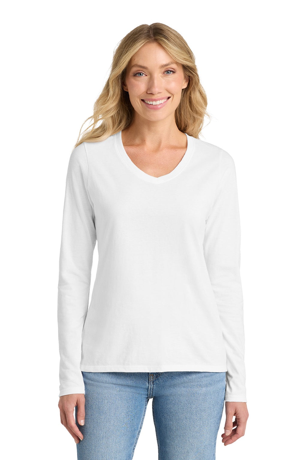 Port & Company LPC450VLS Womens Fan Favorite Long Sleeve V-Neck T-Shirt White Model Front