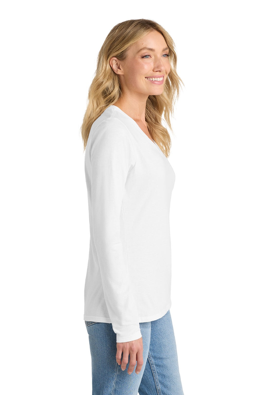 Port & Company LPC450VLS Womens Fan Favorite Long Sleeve V-Neck T-Shirt White Model Side