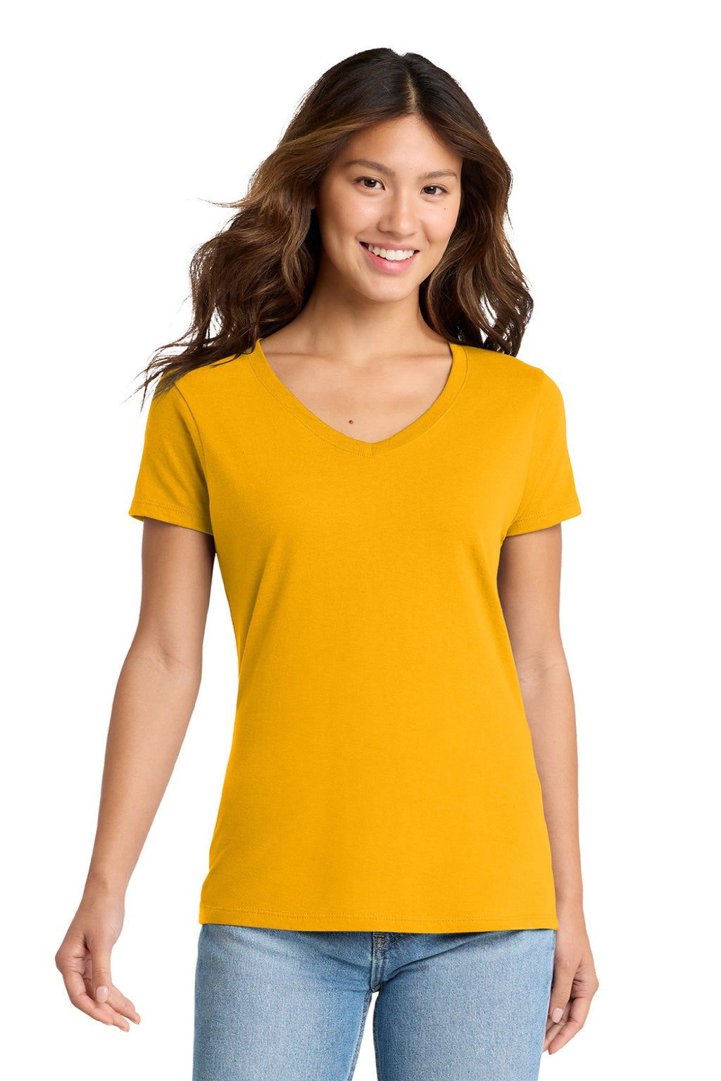 Port & Company LPC450V Womens Fan Favorite Short Sleeve V-Neck T-Shirt Bright Gold Model Front