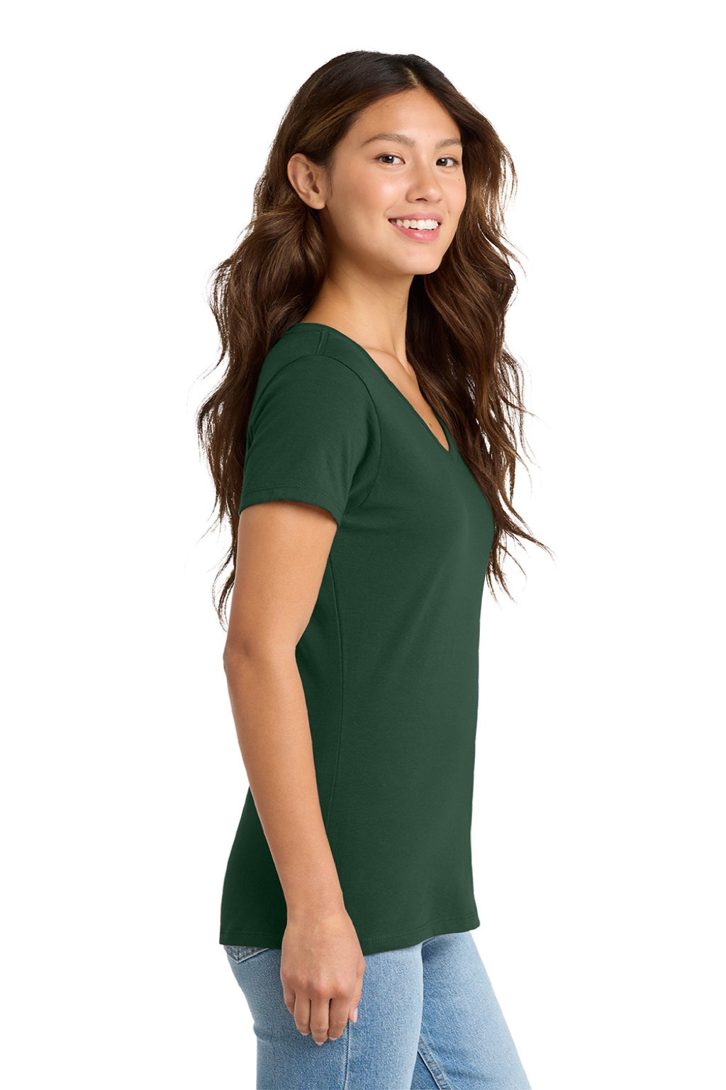 Port & Company LPC450V Womens Fan Favorite Short Sleeve V-Neck T-Shirt Forest Green Model Side