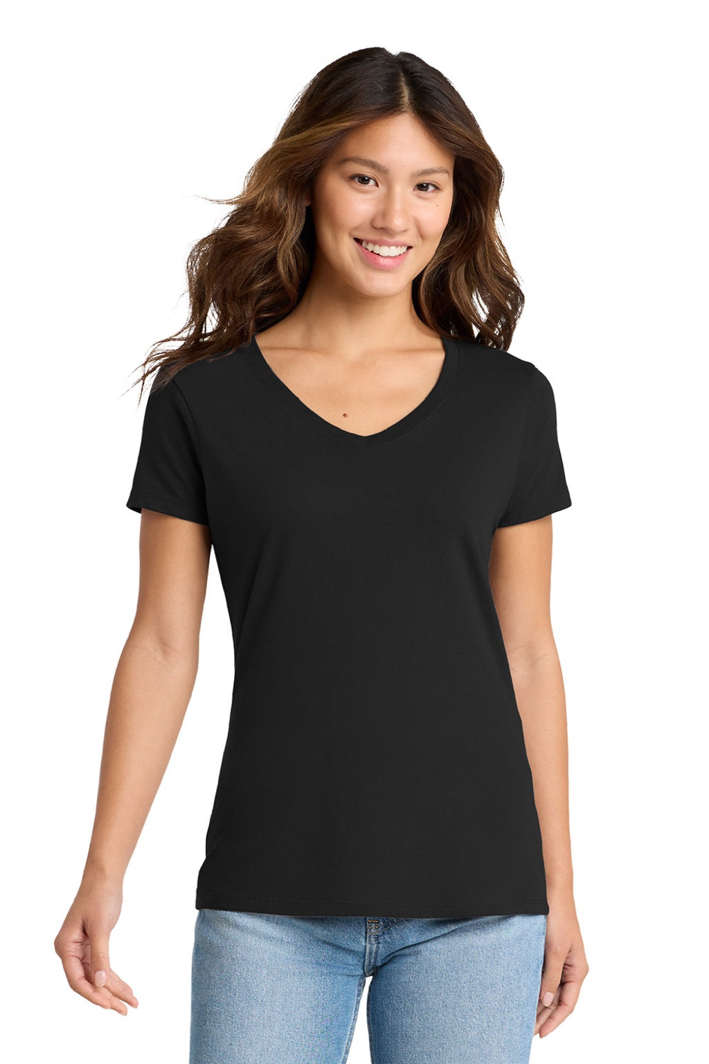 Port & Company LPC450V Womens Fan Favorite Short Sleeve V-Neck T-Shirt Jet Black Model Front