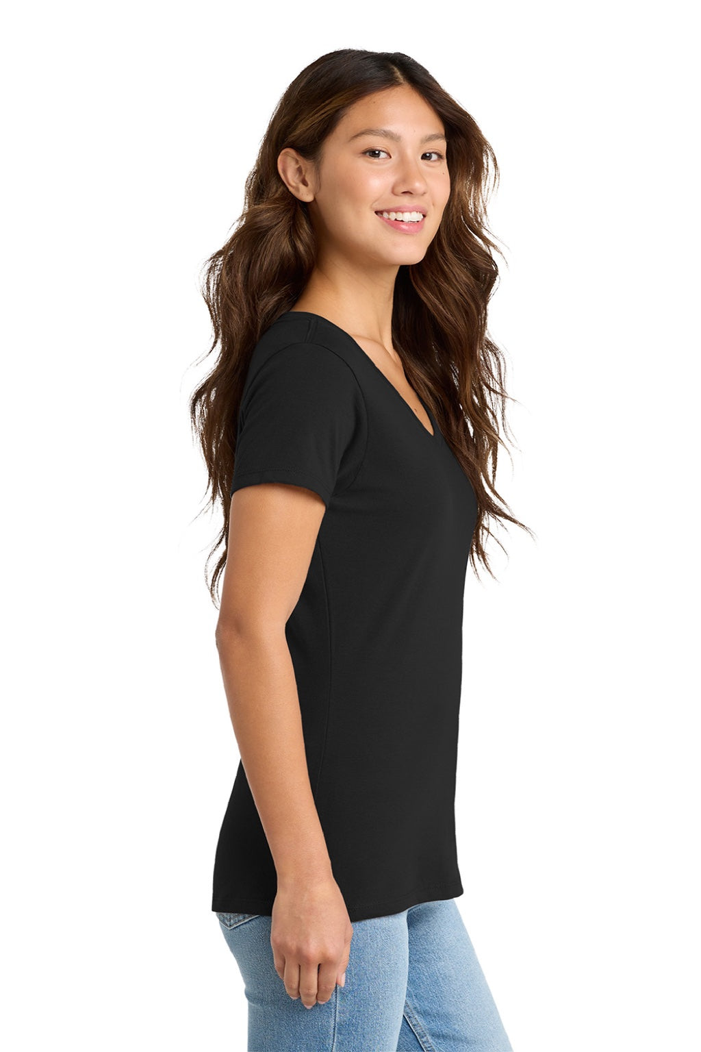 Port & Company LPC450V Womens Fan Favorite Short Sleeve V-Neck T-Shirt Jet Black Model Side