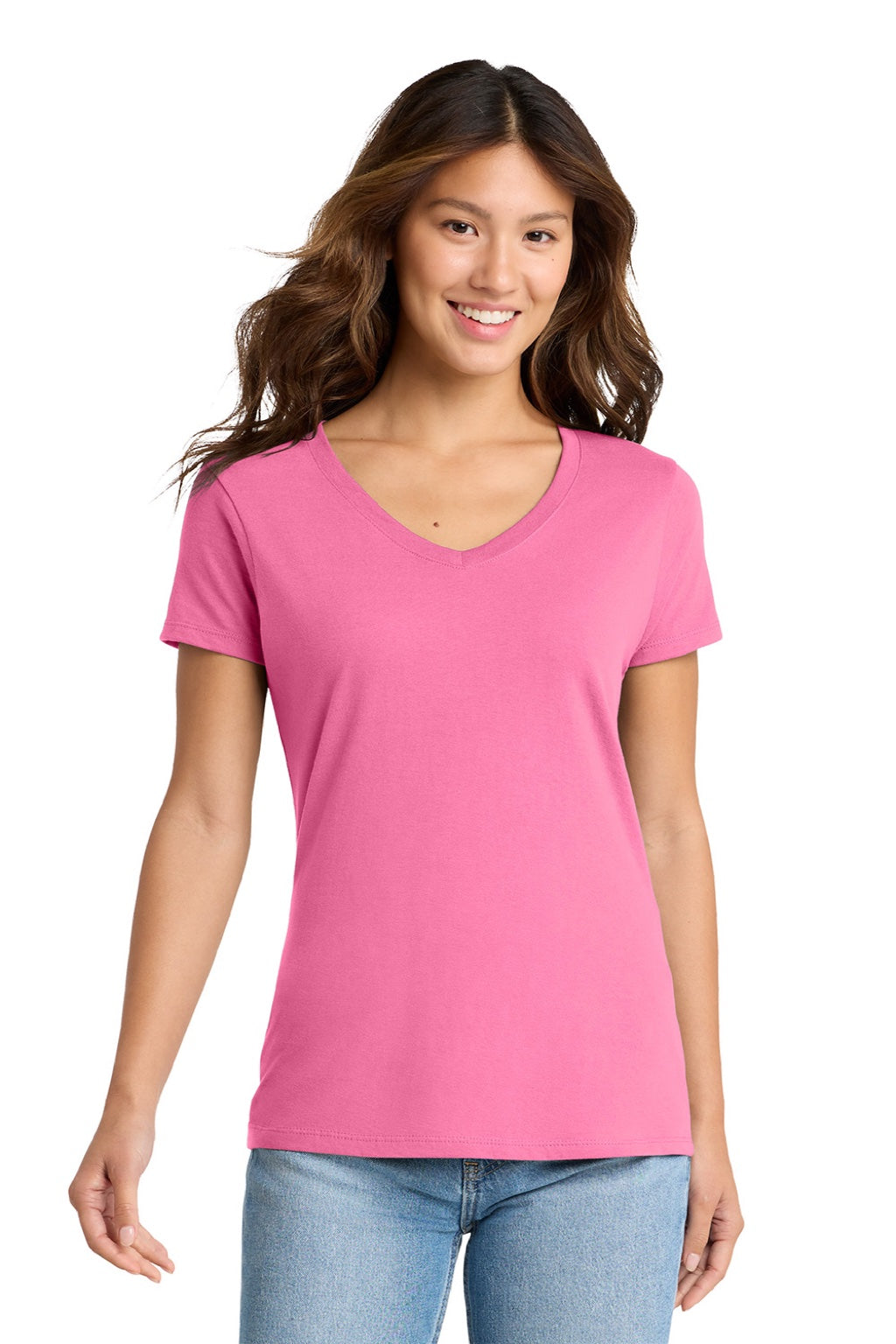 Port & Company LPC450V Womens Fan Favorite Short Sleeve V-Neck T-Shirt New Pink Model Front