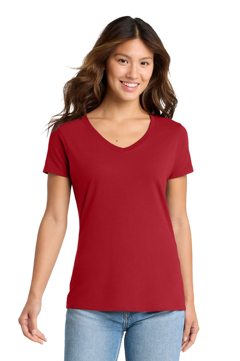 Port & Company LPC450V Womens Fan Favorite Short Sleeve V-Neck T-Shirt Team Cardinal Red Model Front
