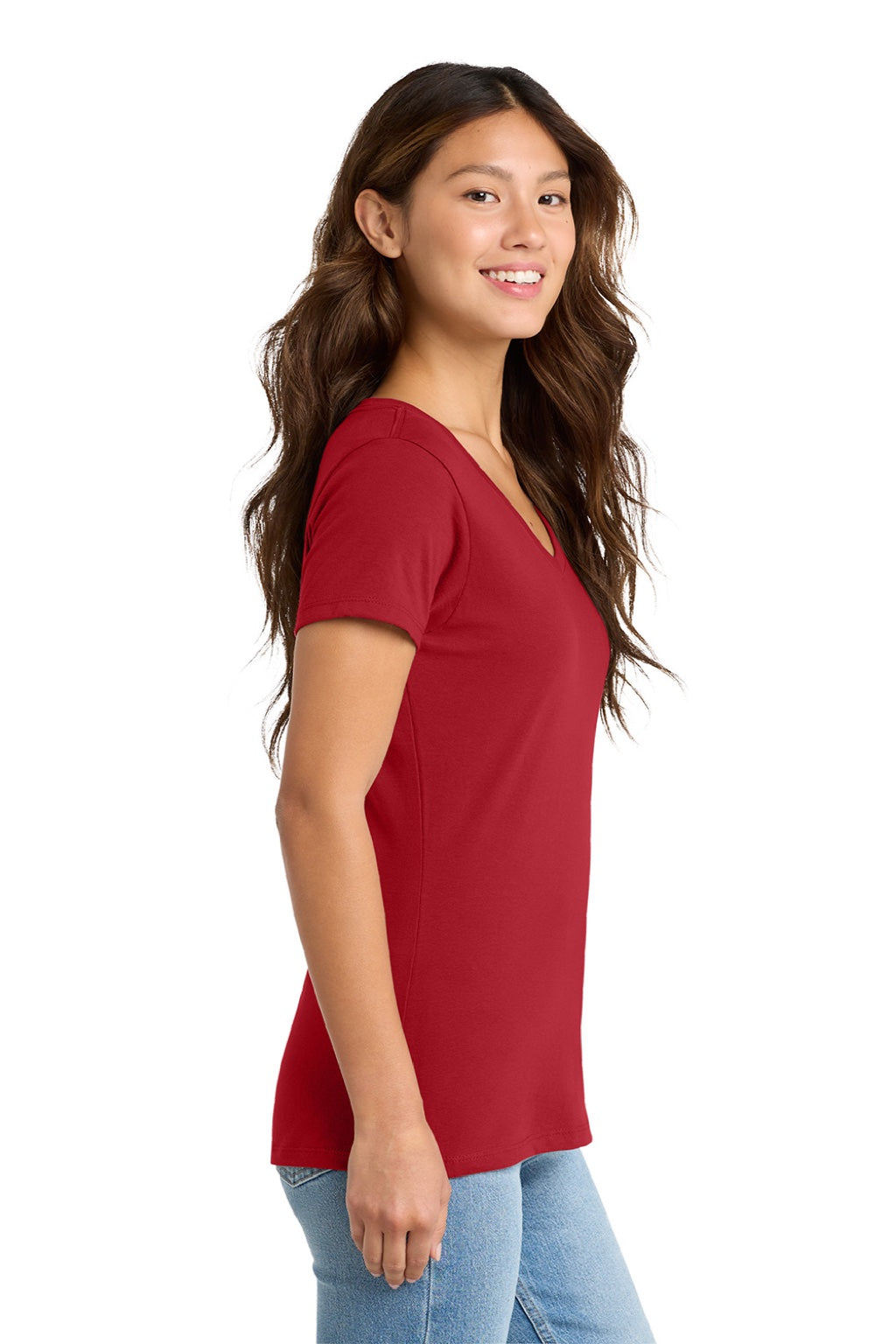 Port & Company LPC450V Womens Fan Favorite Short Sleeve V-Neck T-Shirt Team Cardinal Red Model Side