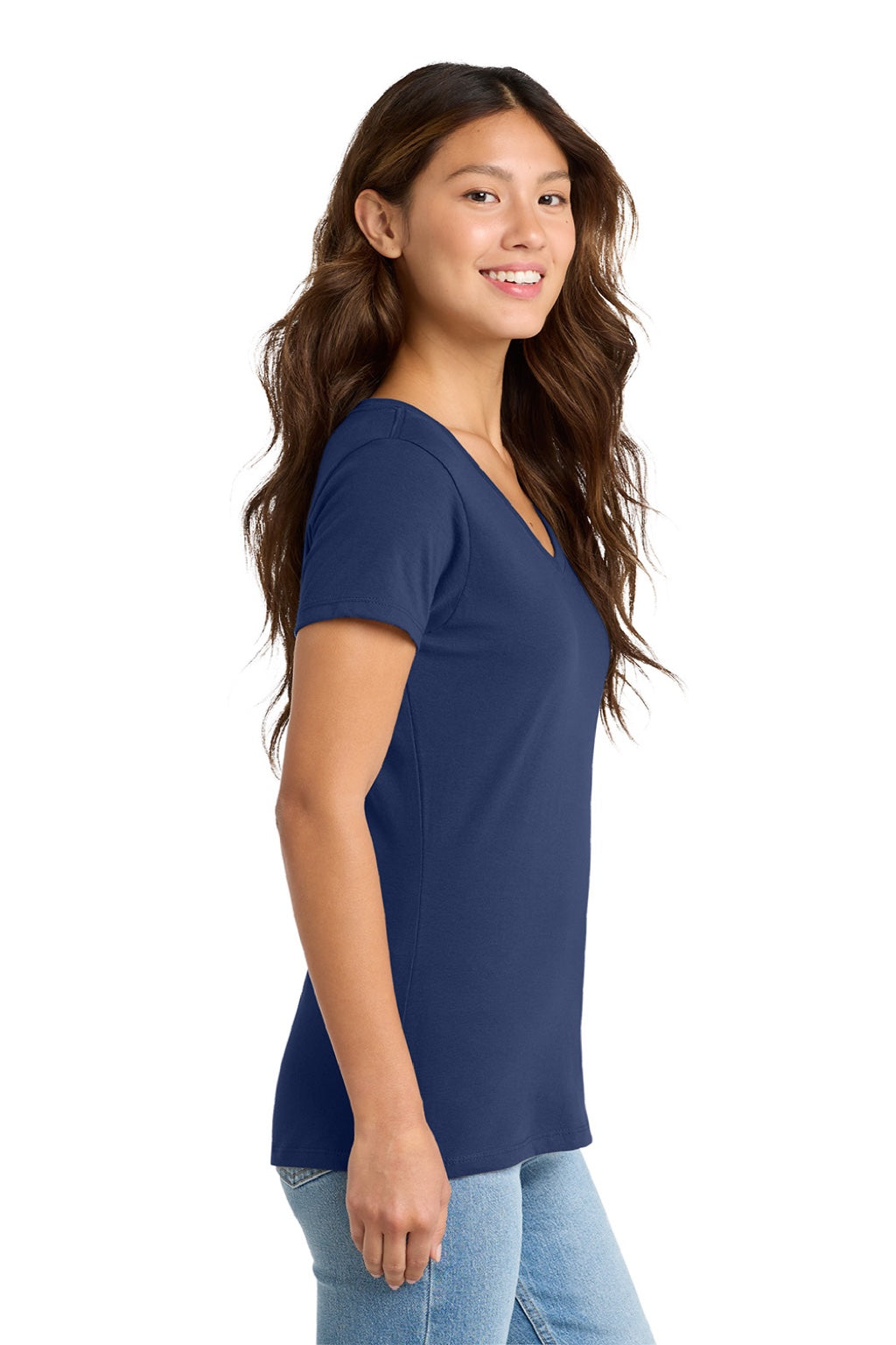 Port & Company LPC450V Womens Fan Favorite Short Sleeve V-Neck T-Shirt Team Navy Blue Model Side
