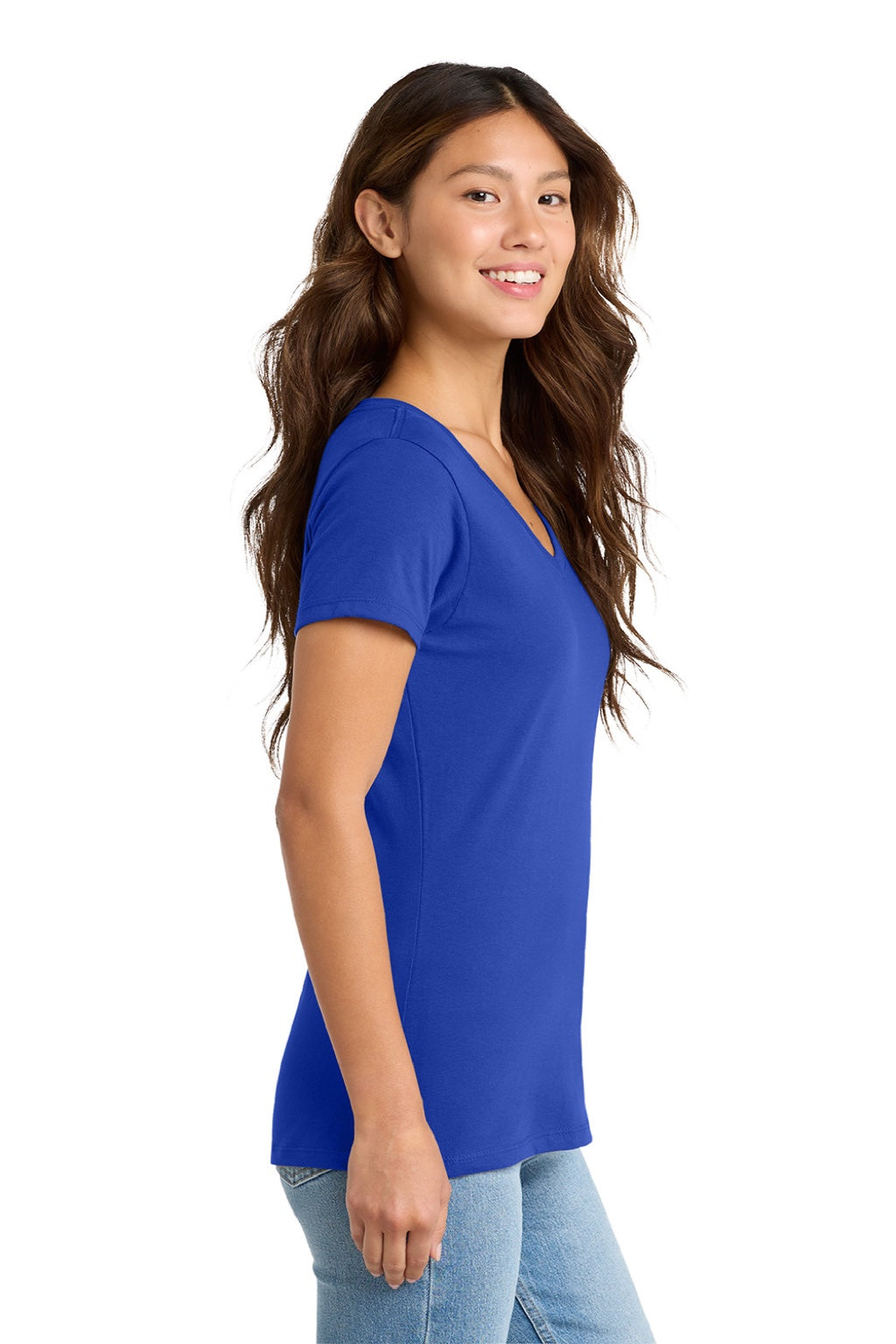 Port & Company LPC450V Womens Fan Favorite Short Sleeve V-Neck T-Shirt True Royal Blue Model Side