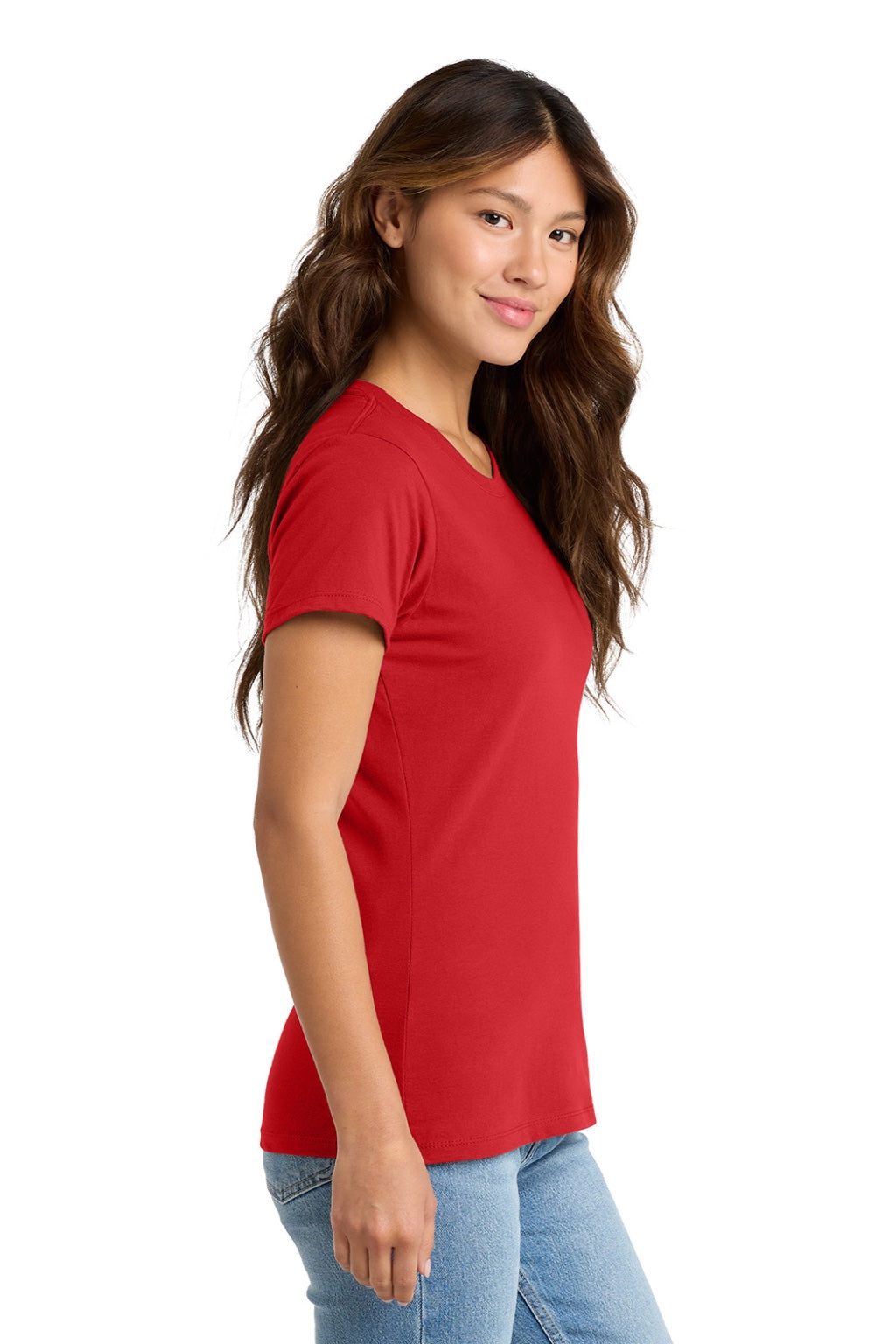 Port & Company LPC450 Womens Fan Favorite Short Sleeve Crewneck T-Shirt Bright Red Model Side