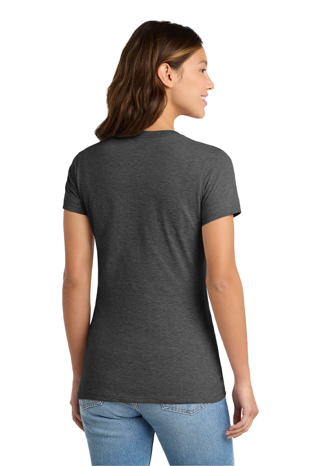 Port & Company LPC450 Womens Fan Favorite Short Sleeve Crewneck T-Shirt Heather Dark Grey Model Back
