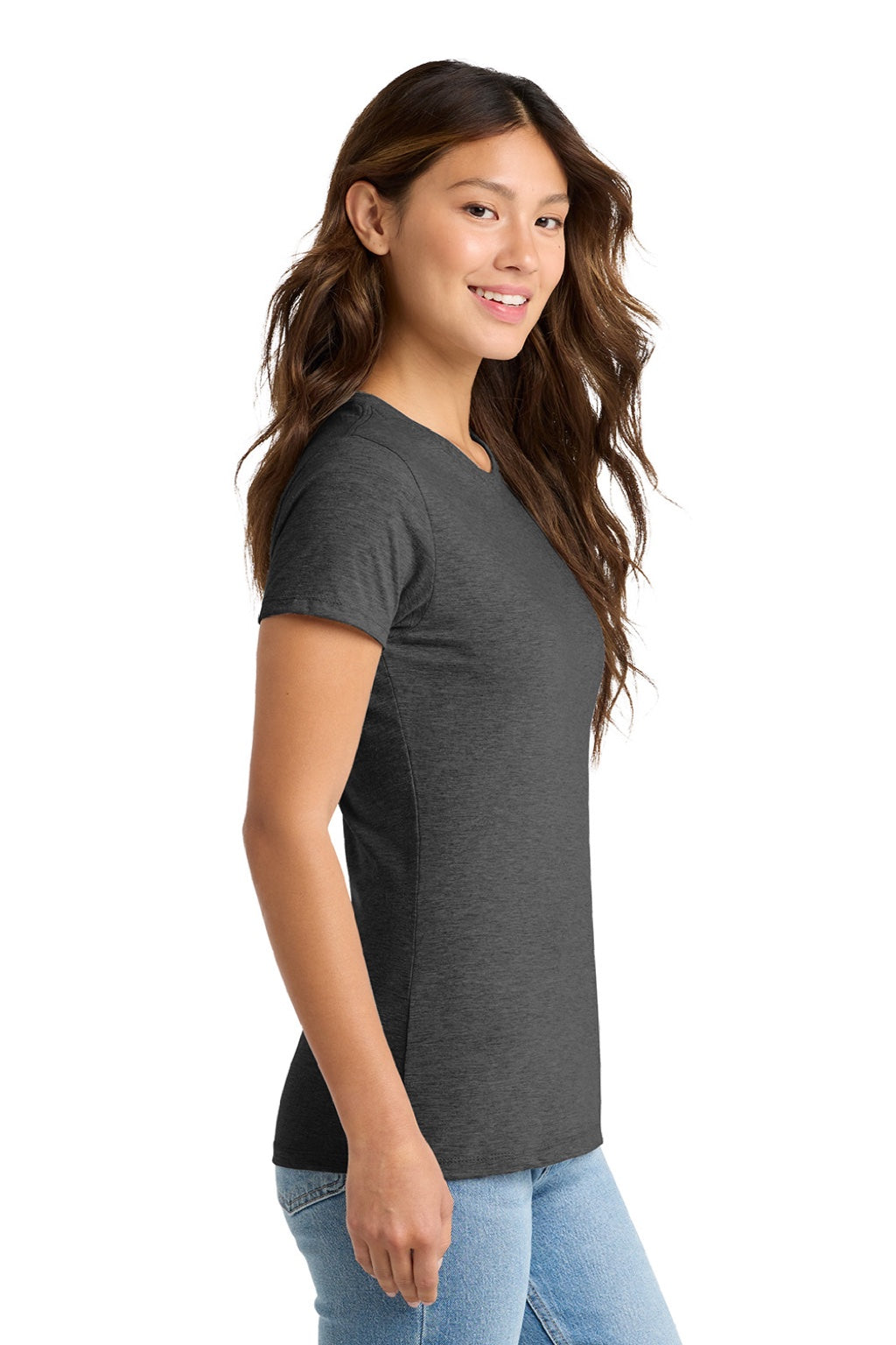 Port & Company LPC450 Womens Fan Favorite Short Sleeve Crewneck T-Shirt Heather Dark Grey Model Side