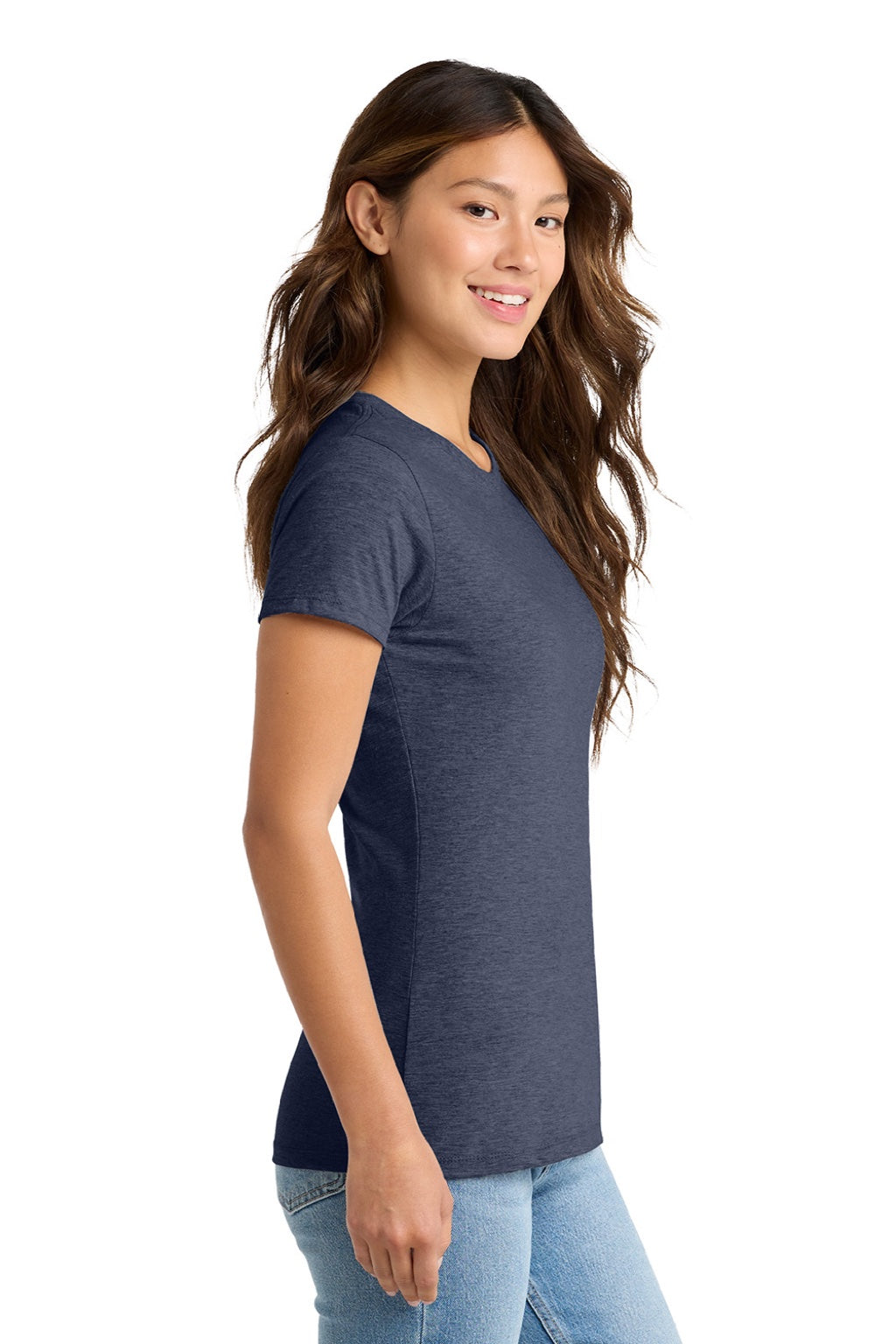 Port & Company LPC450 Womens Fan Favorite Short Sleeve Crewneck T-Shirt Heather Navy Blue Model Side