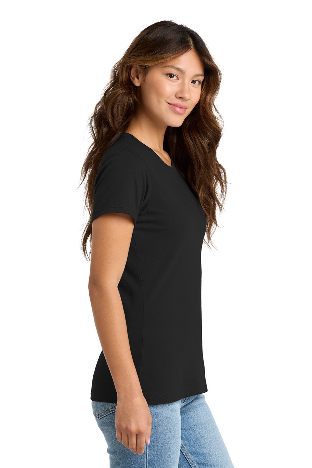 Port & Company LPC450 Womens Fan Favorite Short Sleeve Crewneck T-Shirt Jet Black Model Side