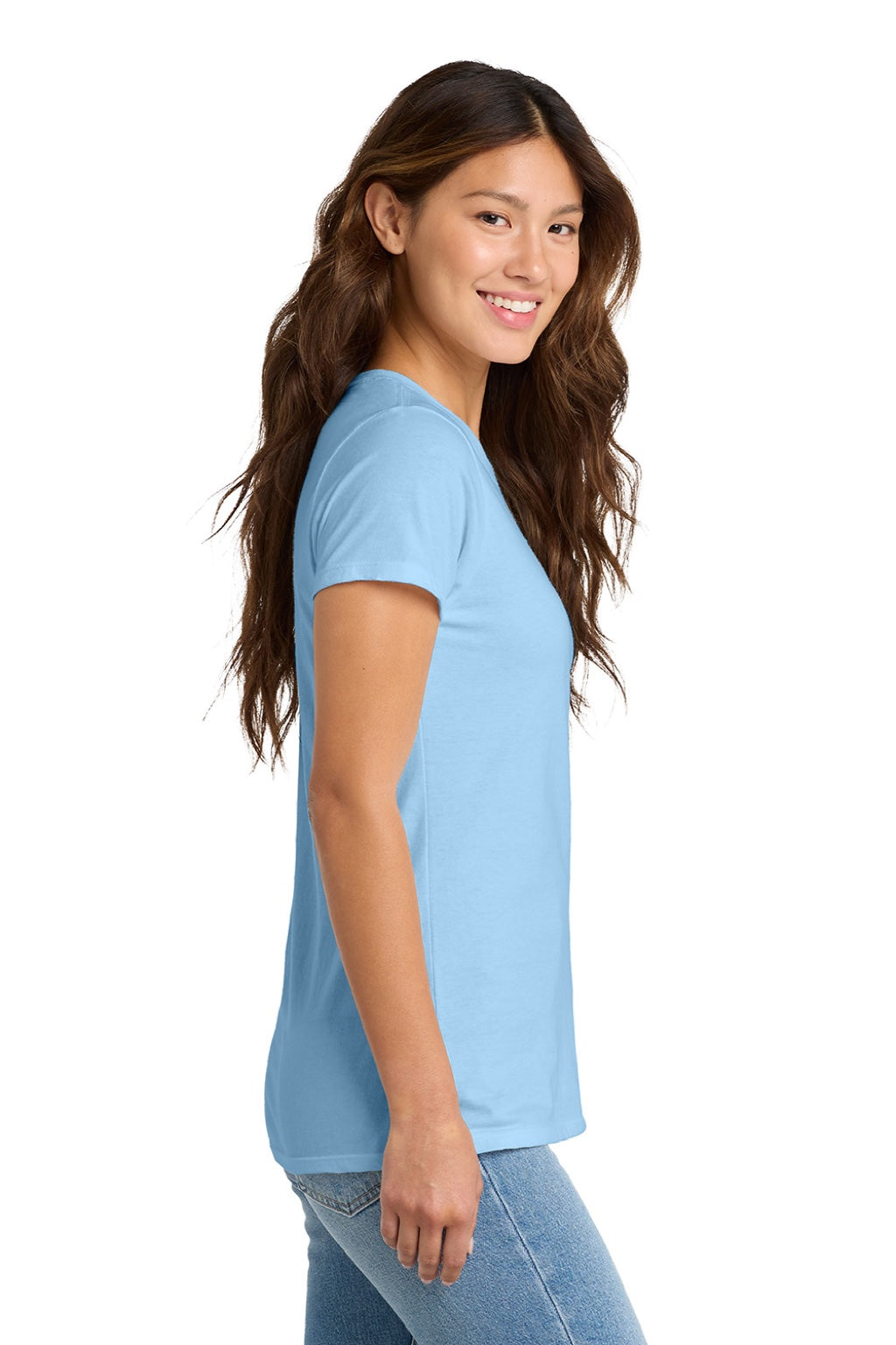 Port & Company LPC450 Womens Fan Favorite Short Sleeve Crewneck T-Shirt Light Blue Model Side