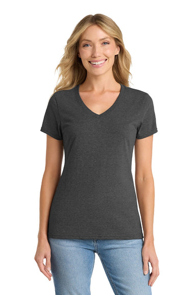 Port & Company LPC455V Womens Fan Favorite Short Sleeve V-Neck T-Shirt Heather Black Model Front