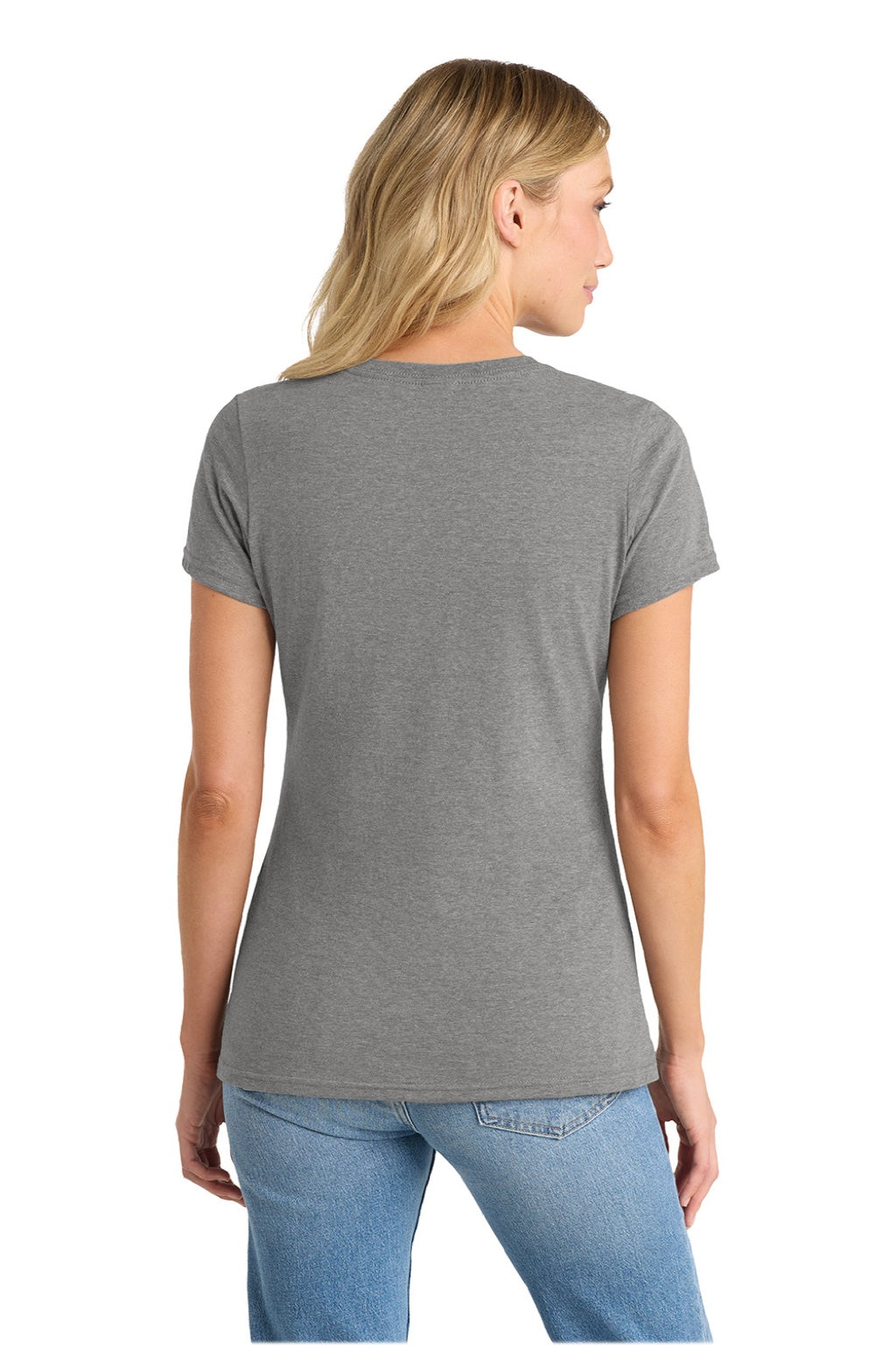 Port & Company LPC455V Womens Fan Favorite Short Sleeve V-Neck T-Shirt Heather Graphite Grey Model Back