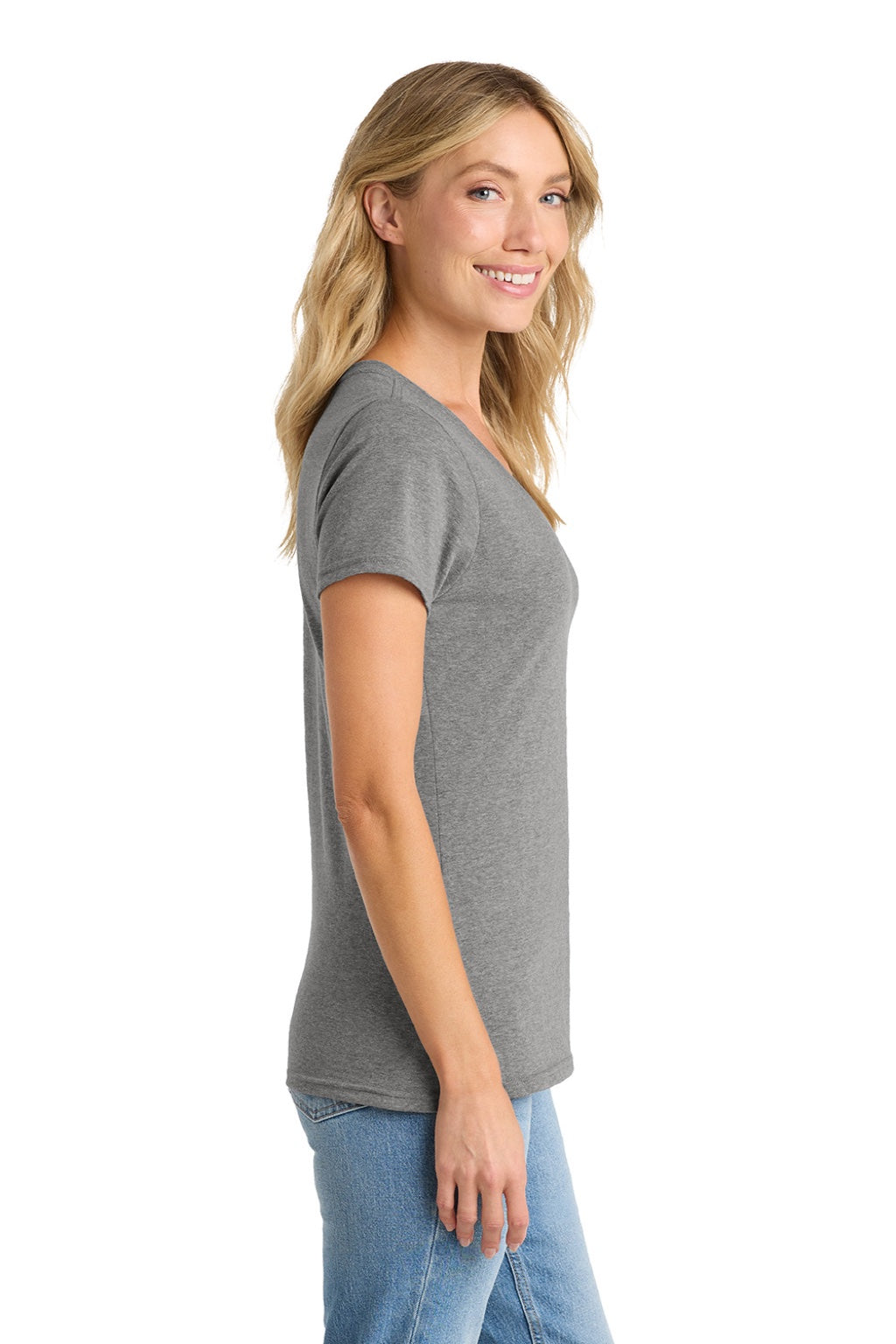 Port & Company LPC455V Womens Fan Favorite Short Sleeve V-Neck T-Shirt Heather Graphite Grey Model Side