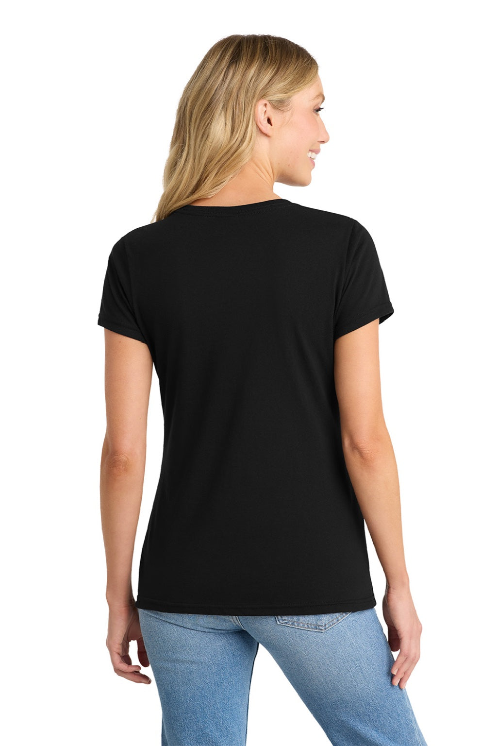 Port & Company LPC455V Womens Fan Favorite Short Sleeve V-Neck T-Shirt Jet Black Model Back