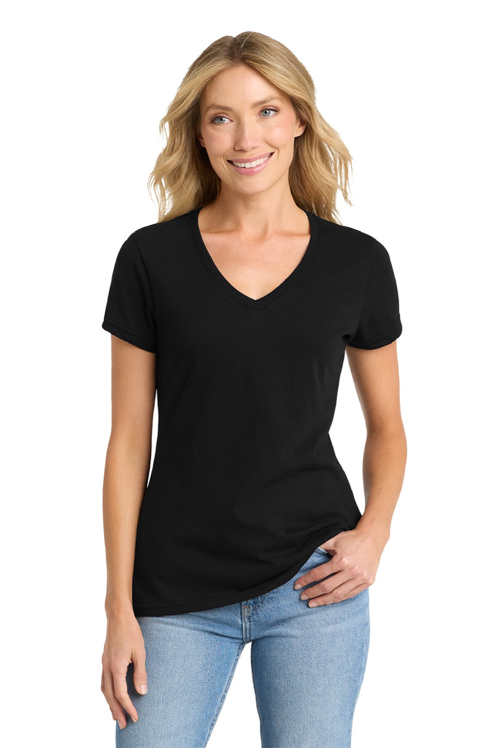 Port & Company LPC455V Womens Fan Favorite Short Sleeve V-Neck T-Shirt Jet Black Model Front