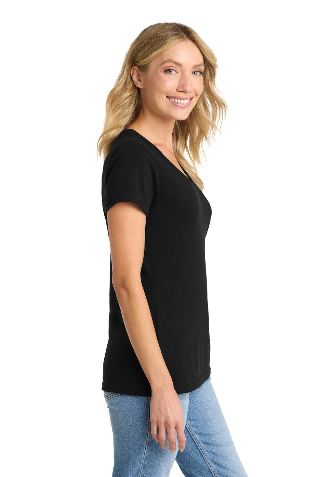 Port & Company LPC455V Womens Fan Favorite Short Sleeve V-Neck T-Shirt Jet Black Model Side