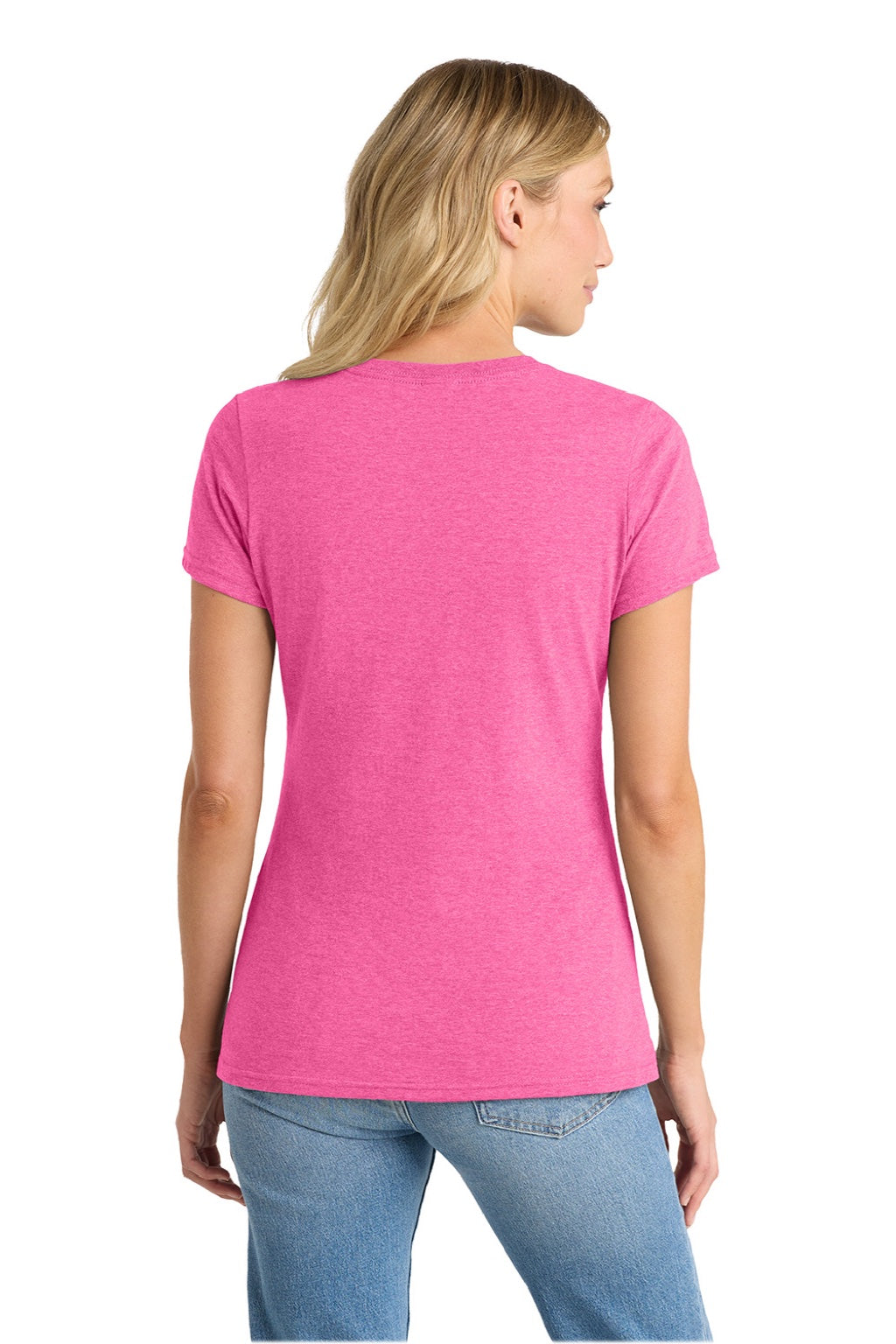 Port & Company LPC455V Womens Fan Favorite Short Sleeve V-Neck T-Shirt Heather Neon Pink Model Back
