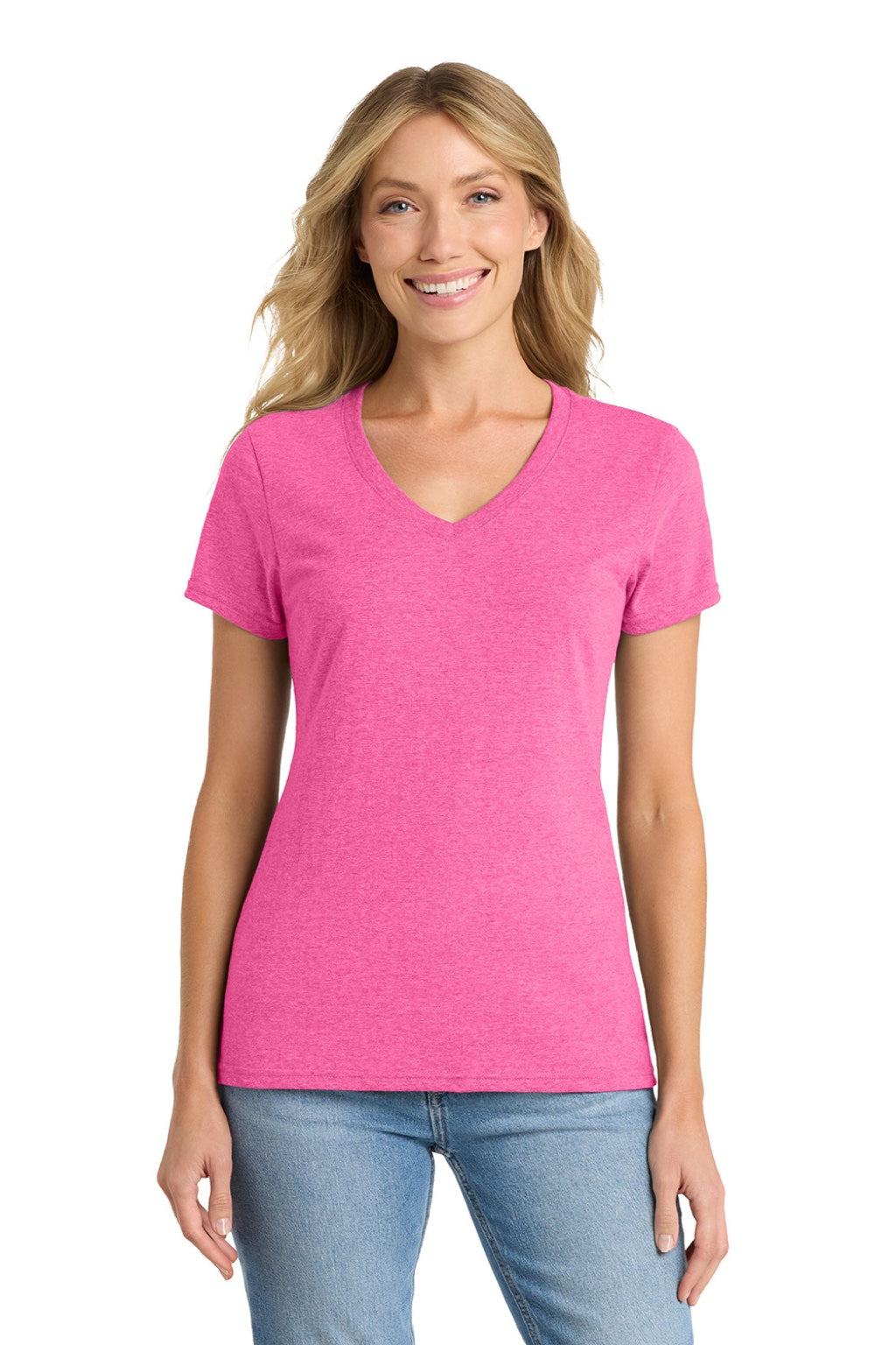 Port & Company LPC455V Womens Fan Favorite Short Sleeve V-Neck T-Shirt Heather Neon Pink Model Front