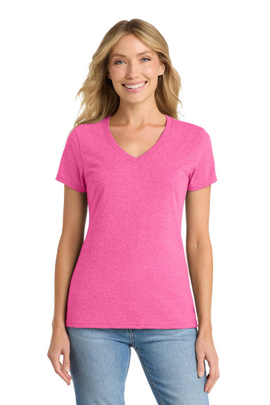 Port & Company LPC455V Womens Fan Favorite Short Sleeve V-Neck T-Shirt Heather Neon Pink Model Front