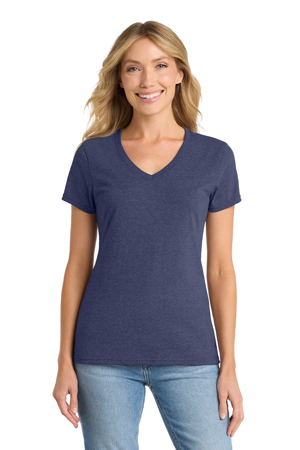 Port & Company LPC455V Womens Fan Favorite Short Sleeve V-Neck T-Shirt Heather Team Navy Blue Model Front