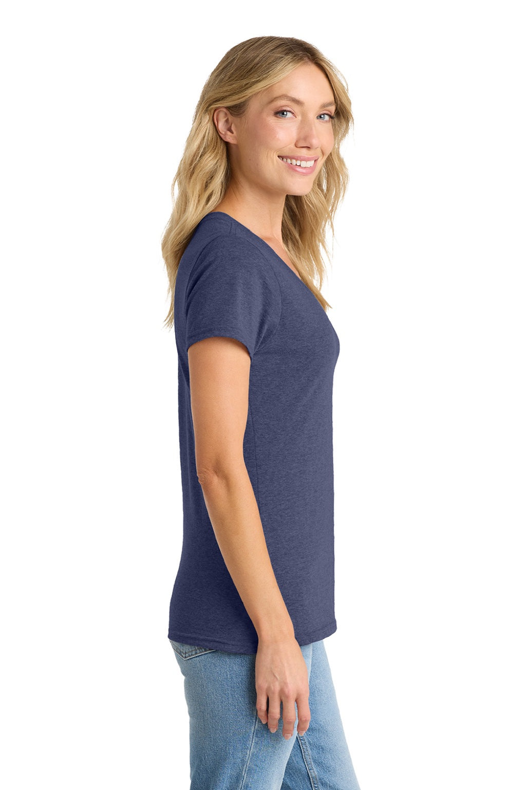 Port & Company LPC455V Womens Fan Favorite Short Sleeve V-Neck T-Shirt Heather Team Navy Blue Model Side