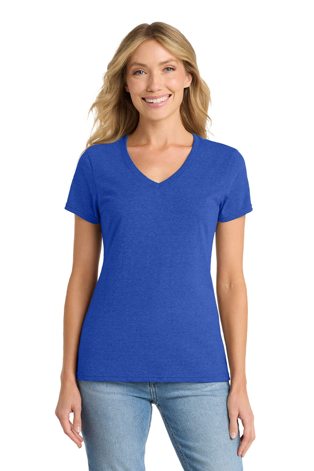 Port & Company LPC455V Womens Fan Favorite Short Sleeve V-Neck T-Shirt Heather True Royal Blue Model Front