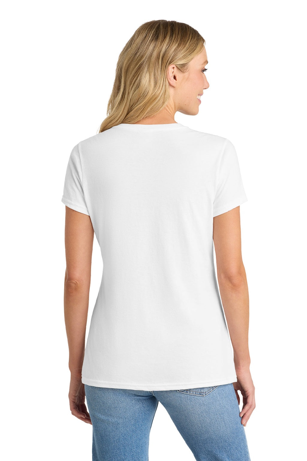 Port & Company LPC455V Womens Fan Favorite Short Sleeve V-Neck T-Shirt White Model Back