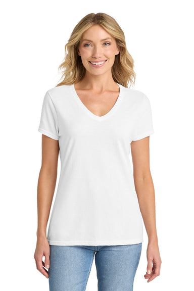 Port & Company LPC455V Womens Fan Favorite Short Sleeve V-Neck T-Shirt White Model Front