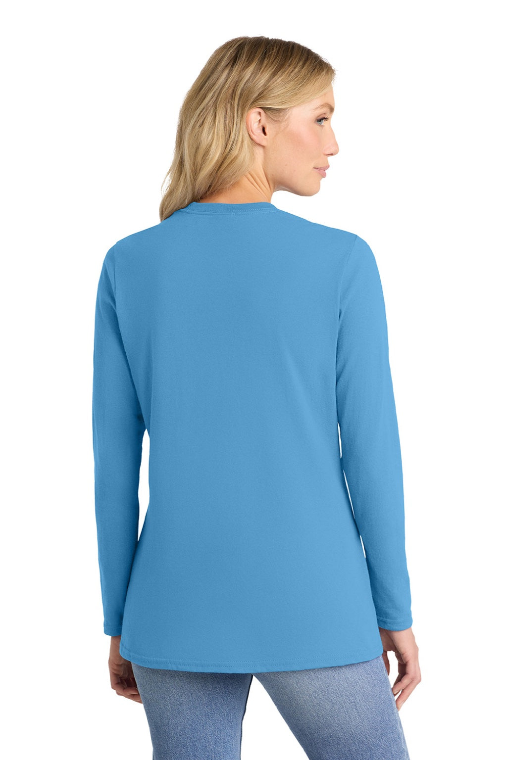 Port & Company LPC54LS Womens Core Long Sleeve Crewneck T-Shirt Aquatic Blue Model Back