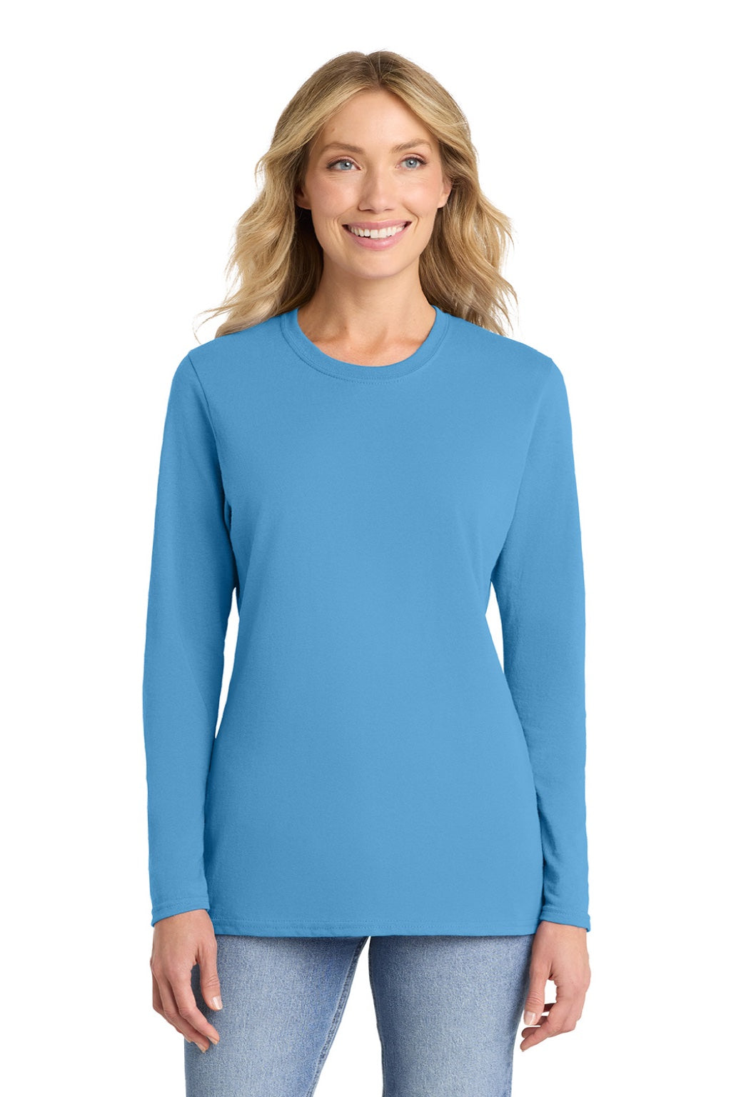 Port & Company LPC54LS Womens Core Long Sleeve Crewneck T-Shirt Aquatic Blue Model Front