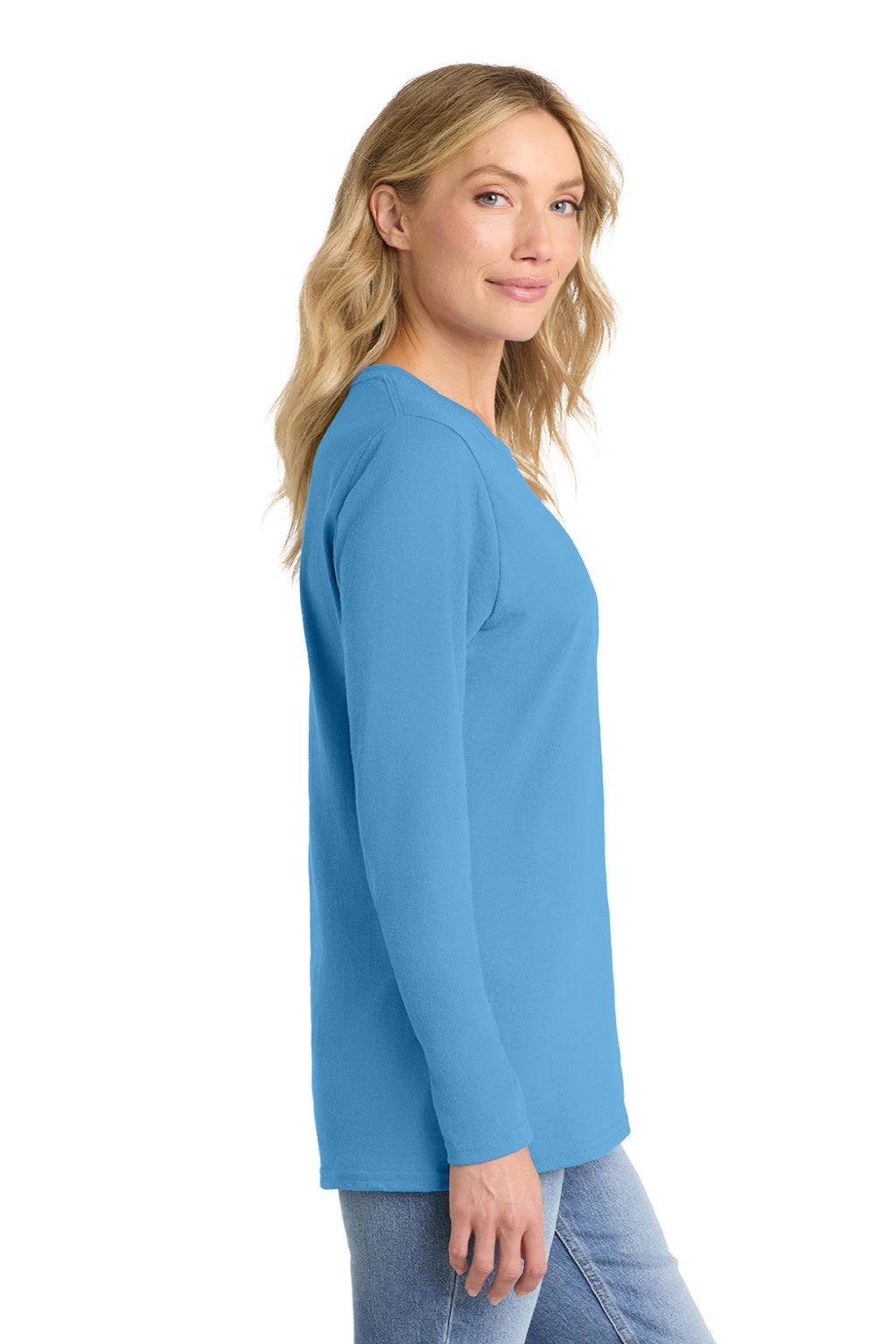 Port & Company LPC54LS Womens Core Long Sleeve Crewneck T-Shirt Aquatic Blue Model Side