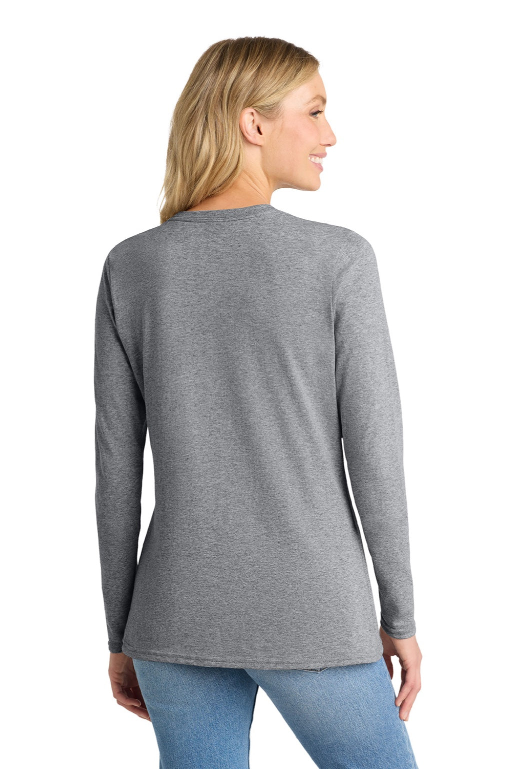 Port & Company LPC54LS Womens Core Long Sleeve Crewneck T-Shirt Heather Grey Model Back