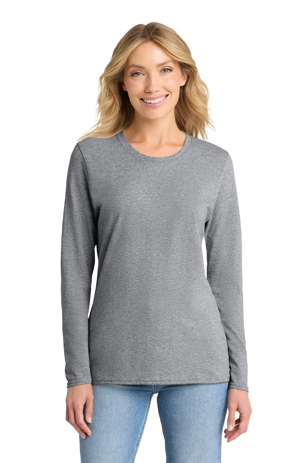 Port & Company LPC54LS Womens Core Long Sleeve Crewneck T-Shirt Heather Grey Model Front
