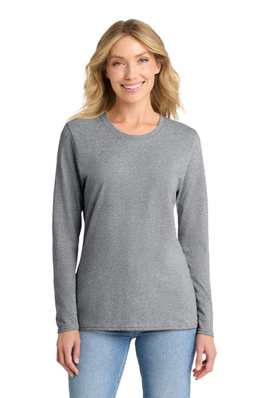 Port & Company LPC54LS Womens Core Long Sleeve Crewneck T-Shirt Heather Grey Model Front