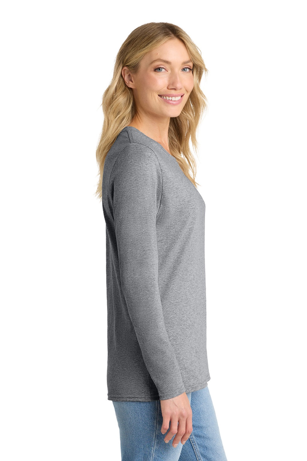 Port & Company LPC54LS Womens Core Long Sleeve Crewneck T-Shirt Heather Grey Model Side