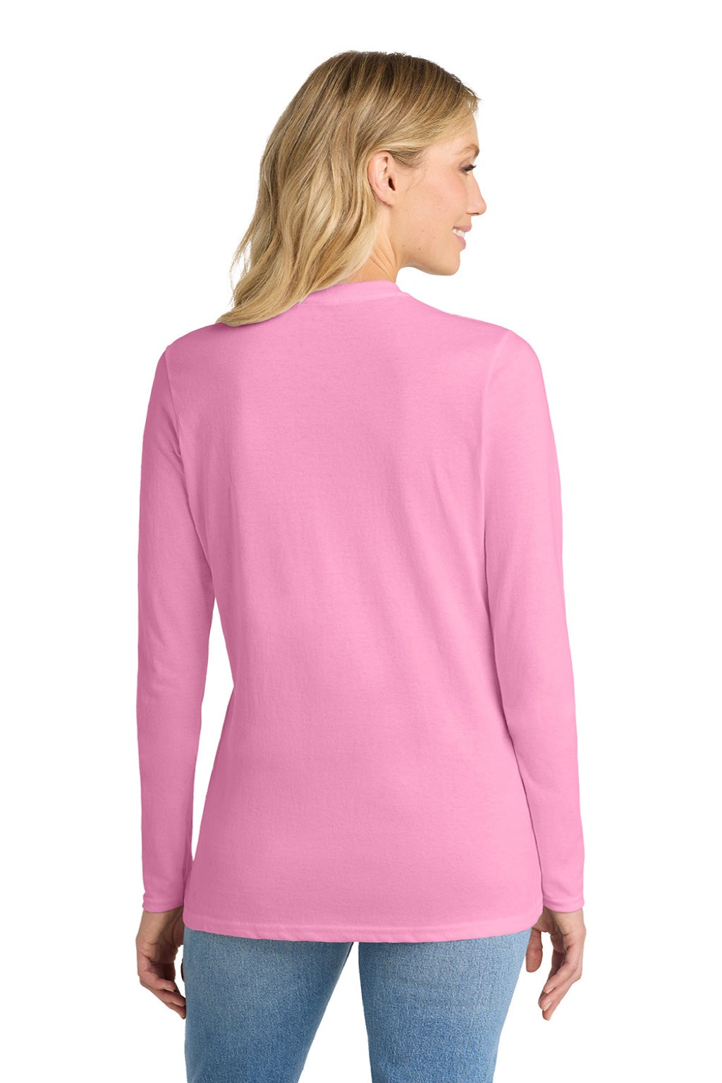 Port & Company LPC54LS Womens Core Long Sleeve Crewneck T-Shirt Candy Pink Model Back