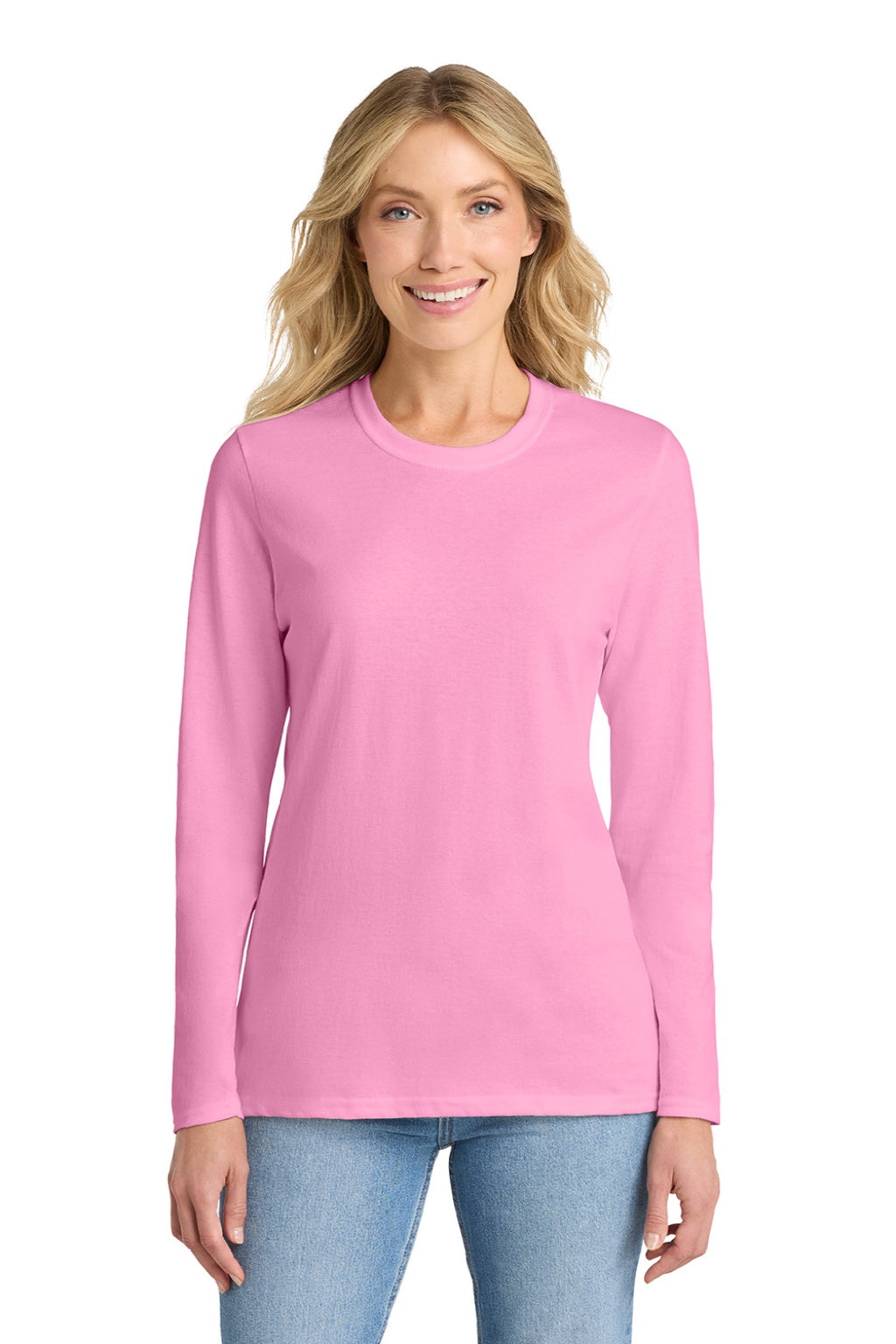 Port & Company LPC54LS Womens Core Long Sleeve Crewneck T-Shirt Candy Pink Model Front
