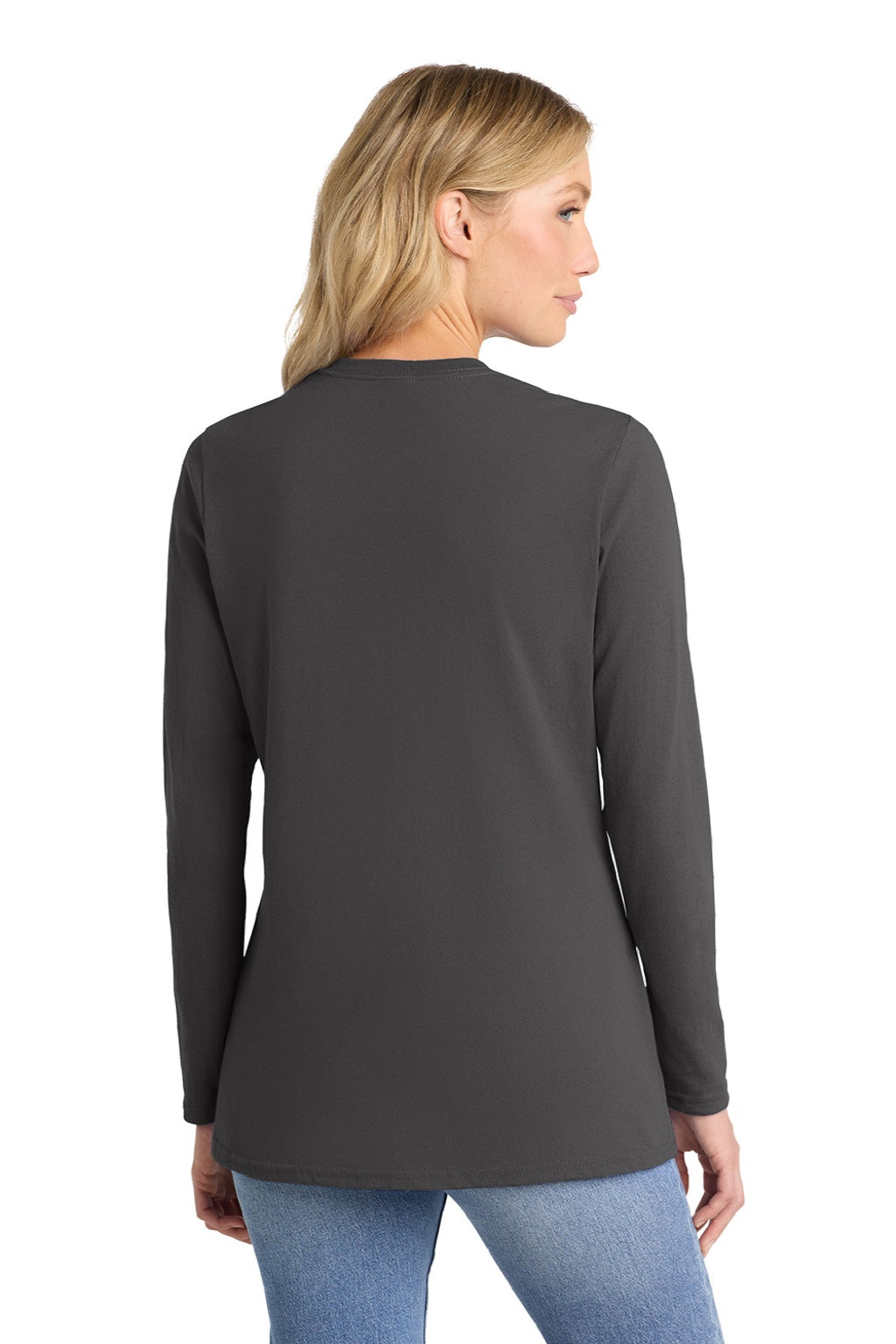 Port & Company LPC54LS Womens Core Long Sleeve Crewneck T-Shirt Charcoal Grey Model Back
