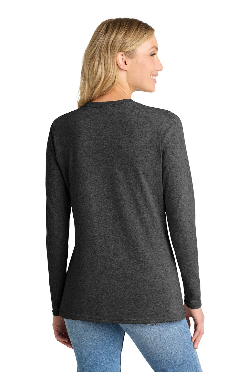 Port & Company LPC54LS Womens Core Long Sleeve Crewneck T-Shirt Heather Dark Grey Model Back