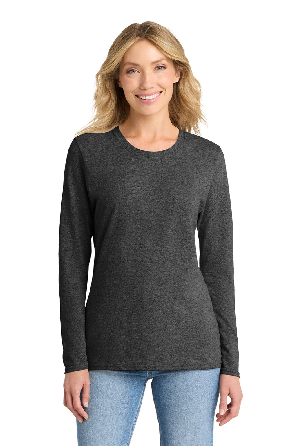 Port & Company LPC54LS Womens Core Long Sleeve Crewneck T-Shirt Heather Dark Grey Model Front