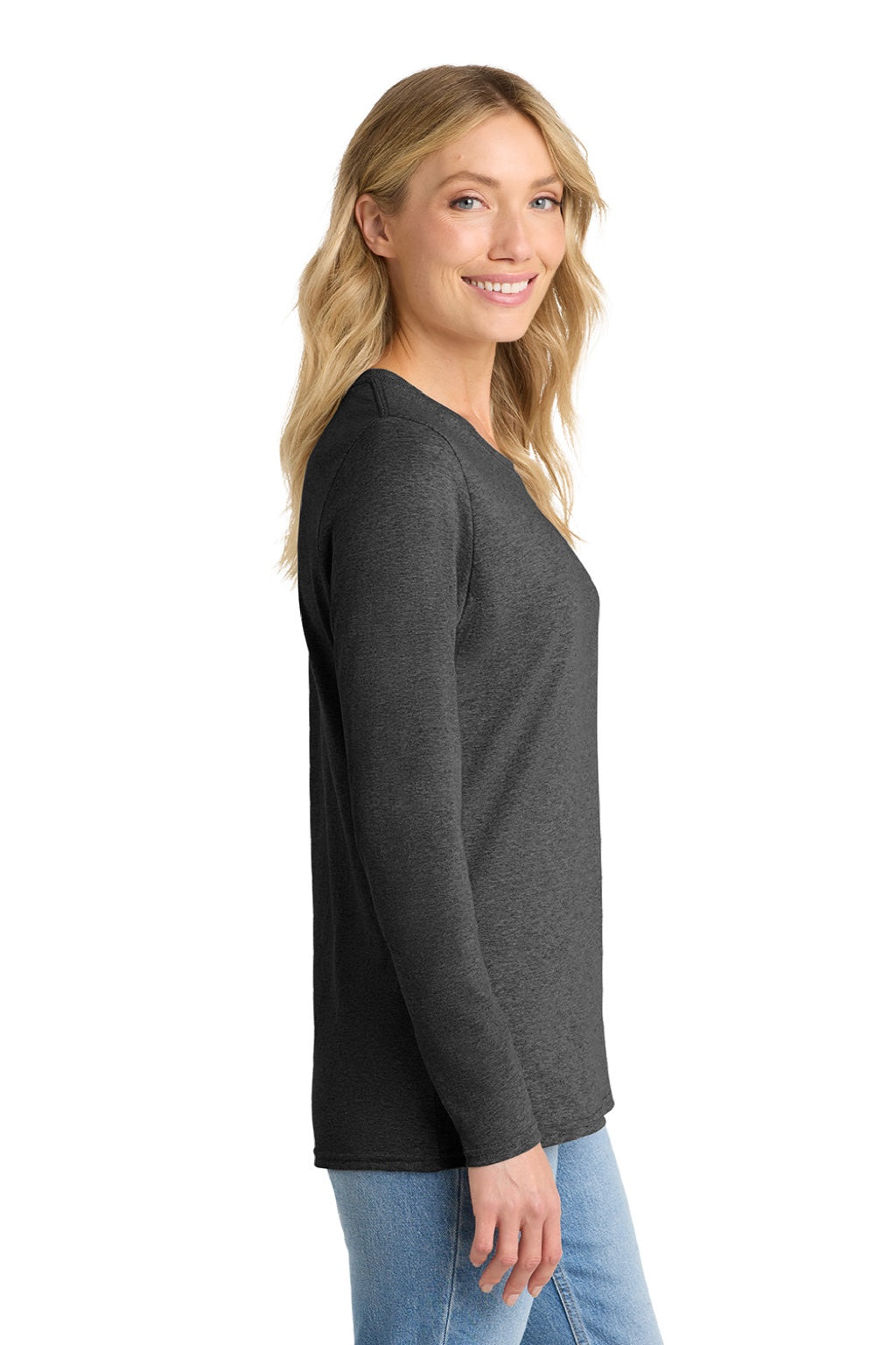Port & Company LPC54LS Womens Core Long Sleeve Crewneck T-Shirt Heather Dark Grey Model Side