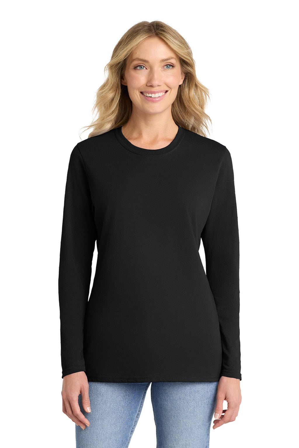 Port & Company LPC54LS Womens Core Long Sleeve Crewneck T-Shirt Jet Black Model Front