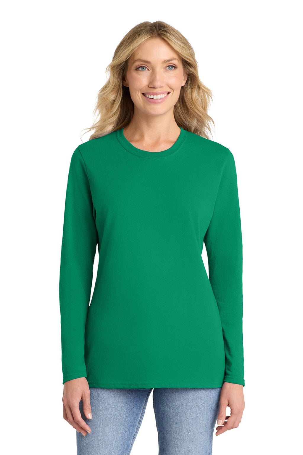 Port & Company LPC54LS Womens Core Long Sleeve Crewneck T-Shirt Kelly Green Model Front