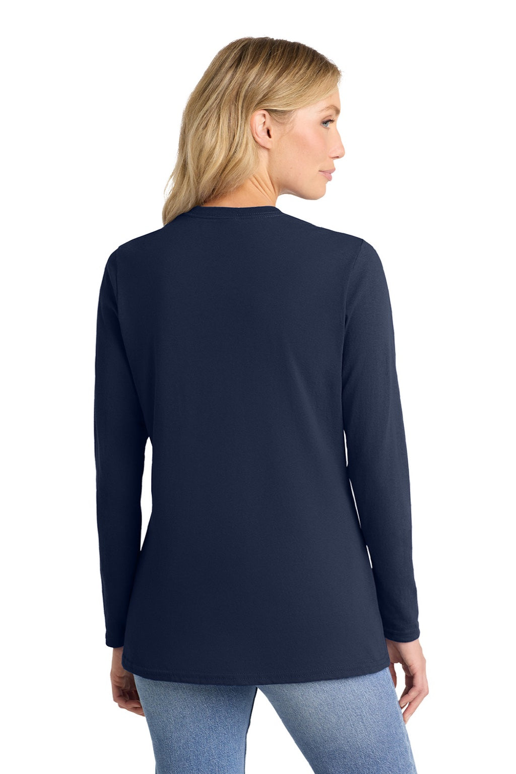 Port & Company LPC54LS Womens Core Long Sleeve Crewneck T-Shirt Navy Blue Model Back