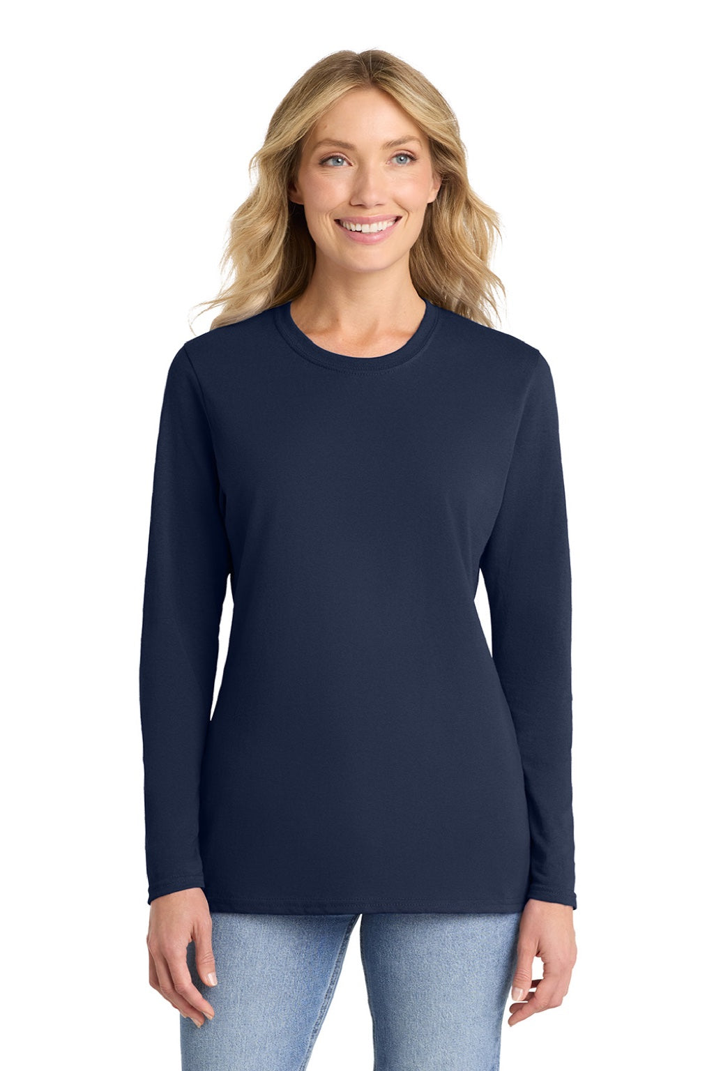 Port & Company LPC54LS Womens Core Long Sleeve Crewneck T-Shirt Navy Blue Model Front